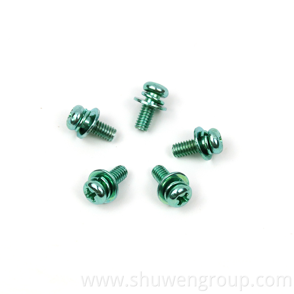 Green zinc plated sems screws with flat&spring washer